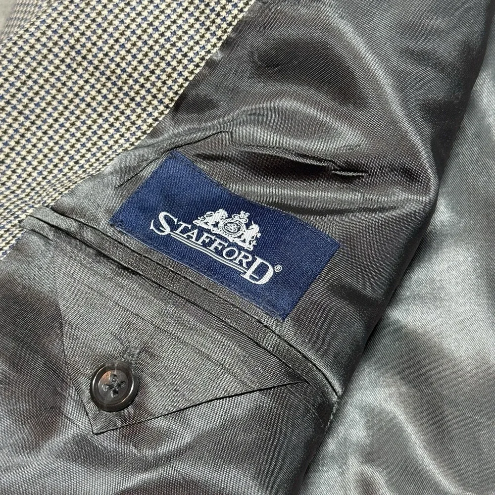 Stafford 46L Houndstooth Sport Coat 100%‎ Pure New Wool Gray Blue Blazer 46 Long